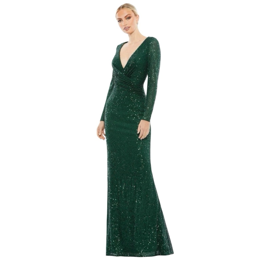 Mac Duggal 26574 Dark Green Sequin Long Sleeve Gown Size 12 $398